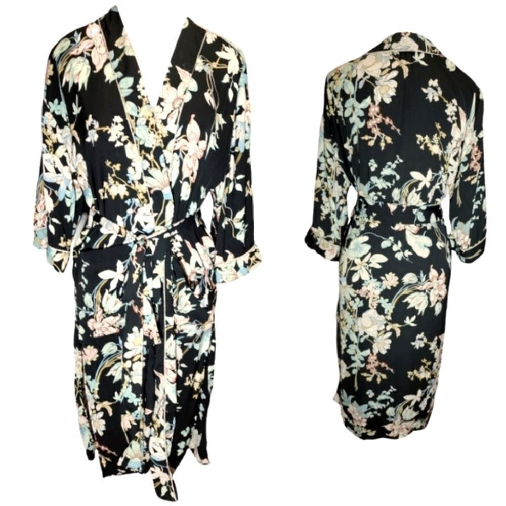 Bleuh Ciel Floral Boho Kimono Duster Jacket Black Floral Botanical US S